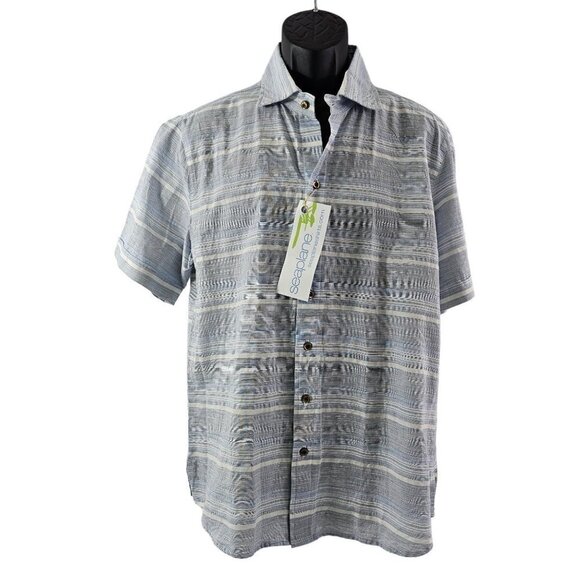 Seaplane Men’s Blue Stripe Button Down Short Sleeve Shirt - Size Large NWT - Picture 14 of 16